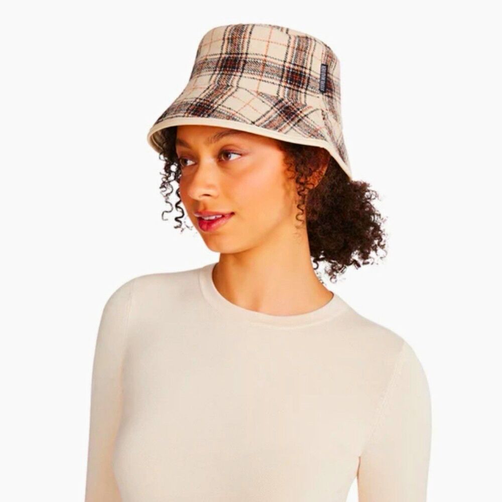 Steve Madden Reversible Plaid Bucket Hat Logo Accent One Size Beige Brown